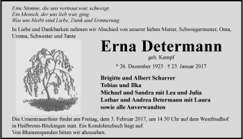 Traueranzeige von Erna Determann 