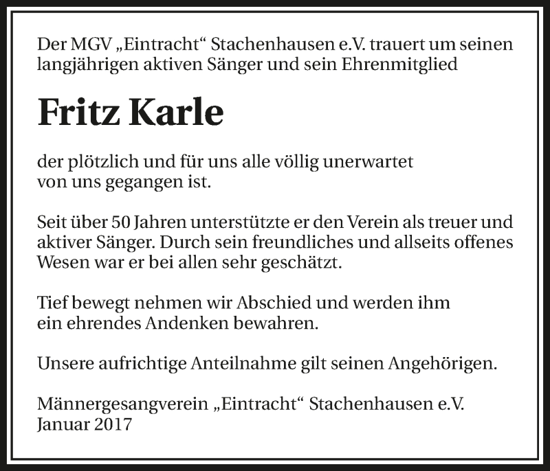  Traueranzeige für Fritz Karle vom 02.01.2017 aus 