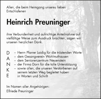 Traueranzeige von Heinrich Preuninger 