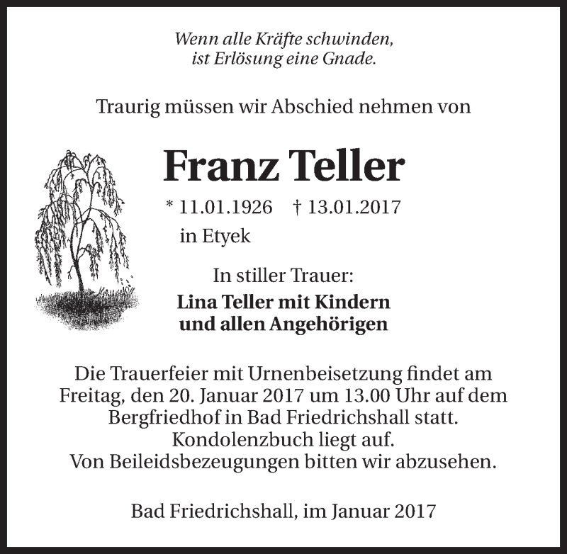  Traueranzeige für Franz Teller vom 18.01.2017 aus 