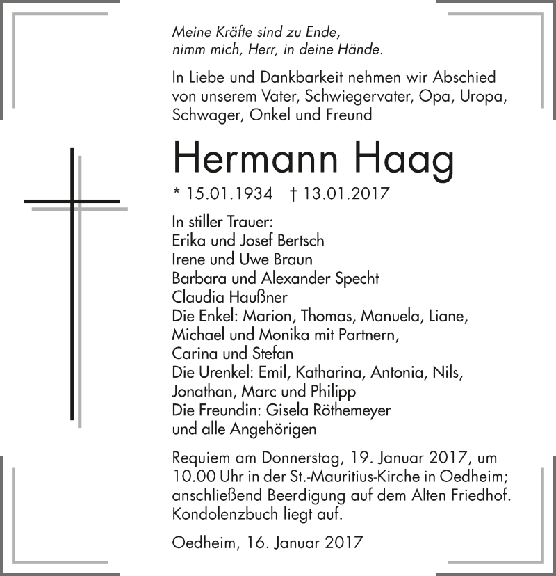  Traueranzeige für Hermann Haag vom 16.01.2017 aus 