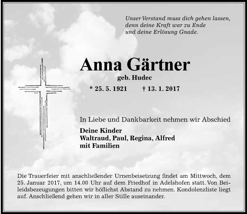  Traueranzeige für Anna Gärtner vom 21.01.2017 aus 
