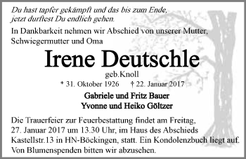 Traueranzeige von Irene Deutschle 