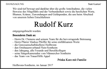 Traueranzeige von Rudolf Kurz 