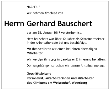 Traueranzeige von Gerhard Bauschert 