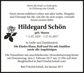 Traueranzeige von Hildegard Schön 