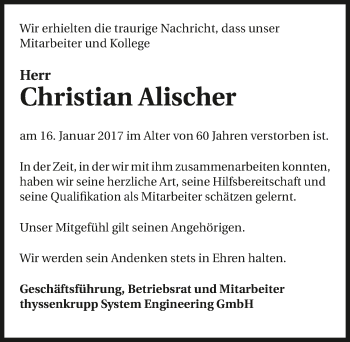 Traueranzeige von Christian Alischer 