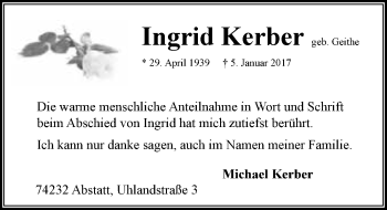 Traueranzeige von Ingrid Kerber 