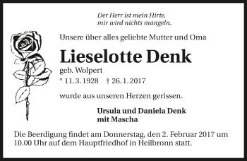 Traueranzeige von Lieselotte Denk 