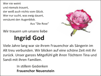 Traueranzeige von Ingrid God 