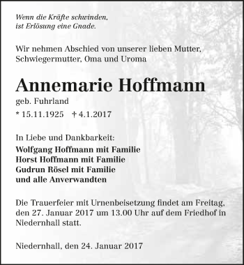 Traueranzeige von Annemarie Hoffmann 