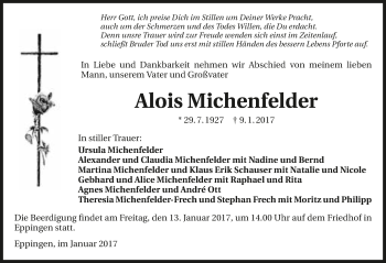 Traueranzeige von Alois Michenfelder 