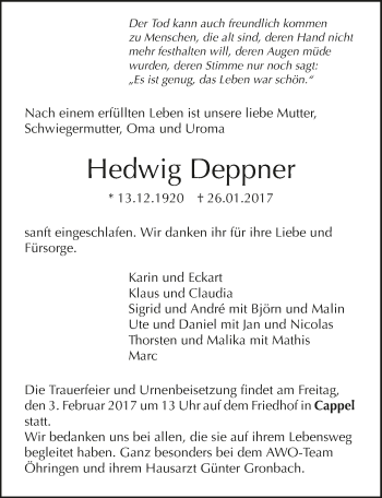 Traueranzeige von Hedwig Deppner 