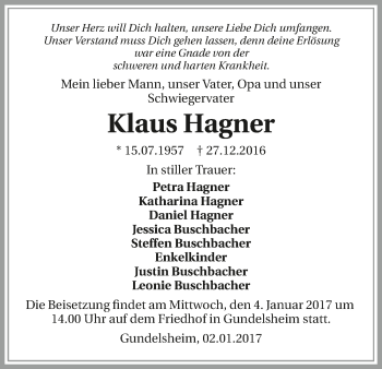 Traueranzeige von Klaus Hagner 