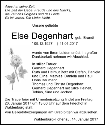 Traueranzeige von Else Degenhart 