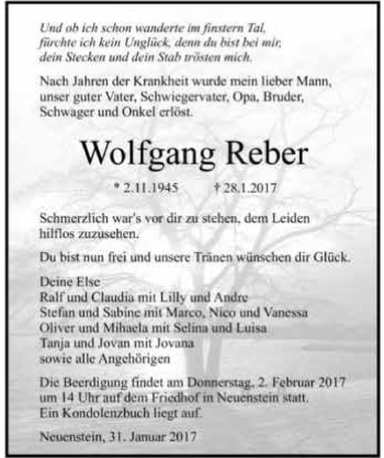 Traueranzeige von Wolfgang Reber 