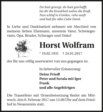 Traueranzeige von Horst Wolfram 