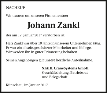 Traueranzeige von Johann Zankl 