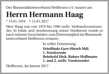 Traueranzeige von Hermann Haag 