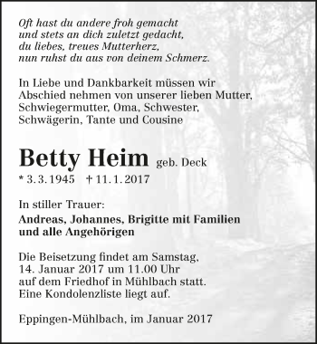 Traueranzeige von Betty Heim 