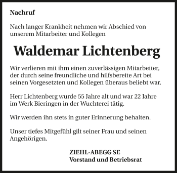 Traueranzeige von Waldemar Lichtenberg 