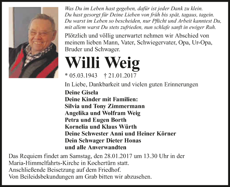  Traueranzeige für Willi Weig vom 26.01.2017 aus 