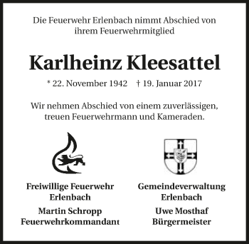 Traueranzeige von Karlheinz Kleesattel 