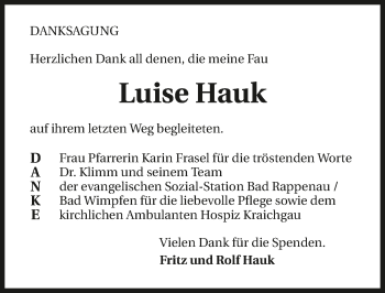Traueranzeige von Luise Hauk 
