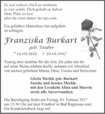 Traueranzeige von Franziska Burkart 