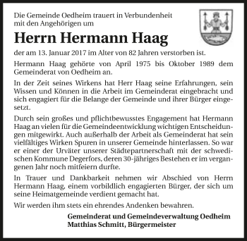 Traueranzeige von Hermann Haag 