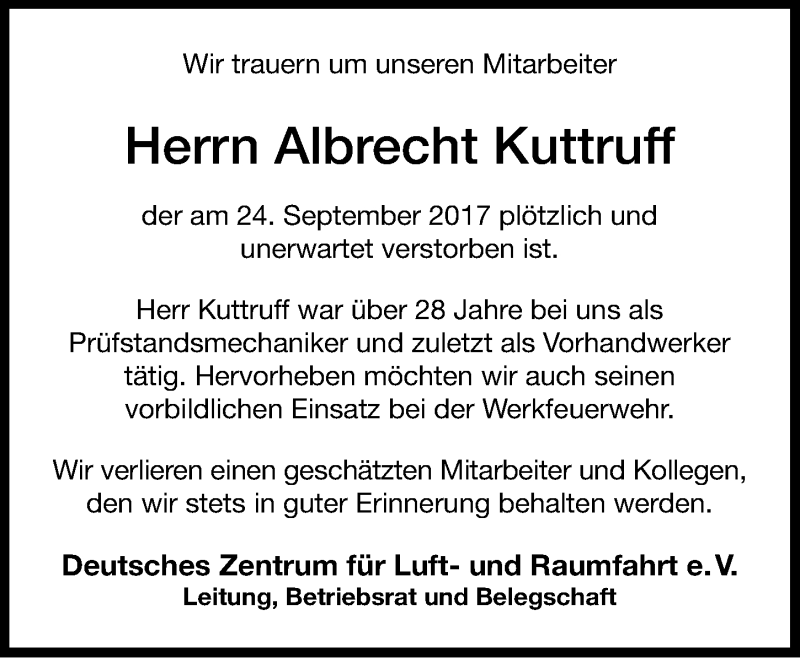  Traueranzeige für Albrecht Kuttruff vom 06.10.2017 aus 