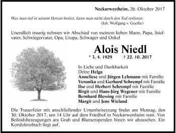 Traueranzeige von Alois Niedl 