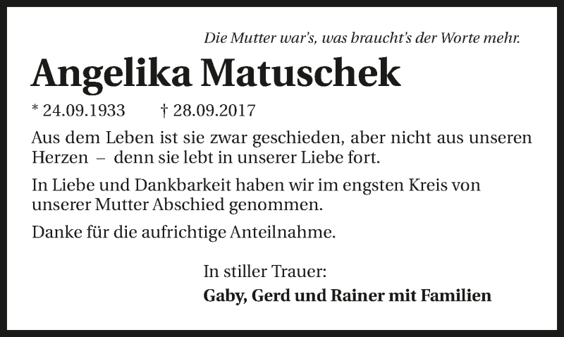  Traueranzeige für Angelika Matuschek vom 07.10.2017 aus 