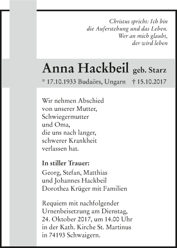 Traueranzeige von Anna Hackbeil 