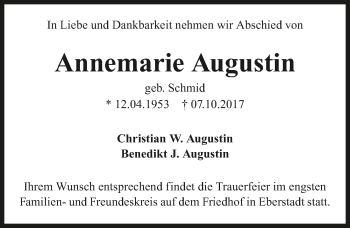 Traueranzeige von Annemarie Augustin 