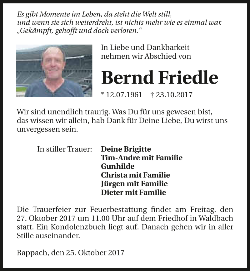  Traueranzeige für Bernd Friedle vom 25.10.2017 aus 