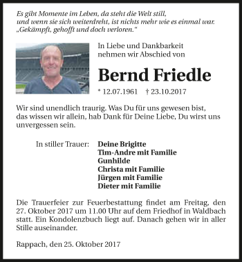 Traueranzeige von Bernd Friedle 