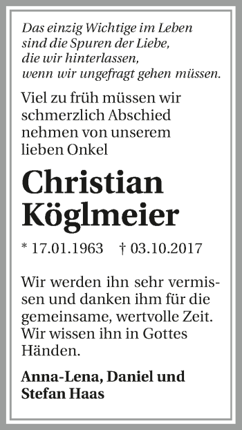 Traueranzeige von Christian Köglmeier 