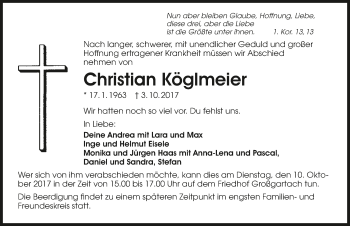 Traueranzeige von Christian Köglmeier 