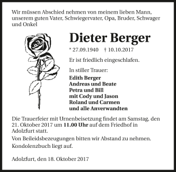 Traueranzeige von Dieter Berger 