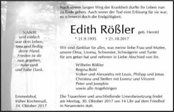 Traueranzeige von Edith Rößler 