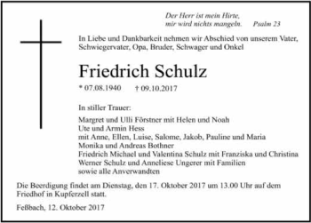 Traueranzeige von Friedrich Schulz 