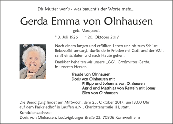 Traueranzeige von Gerda Emma von Olnhausen 