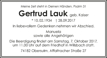 Traueranzeige von Gertrud Lauk 