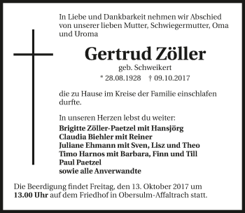 Traueranzeige von Gertrud Zöller 