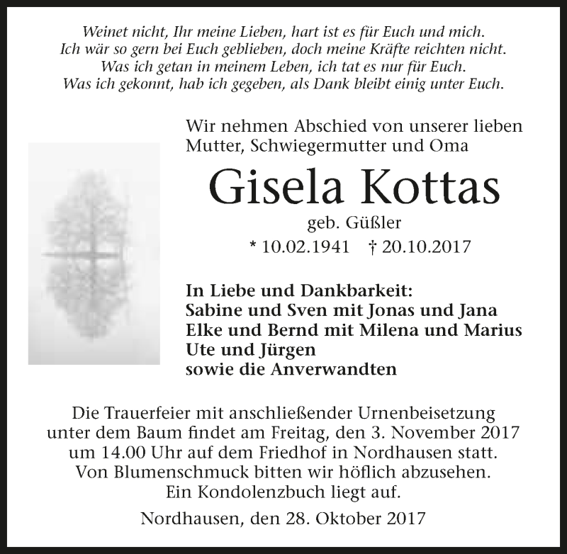  Traueranzeige für Gisela Kottas vom 28.10.2017 aus 