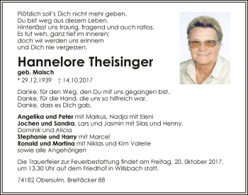 Traueranzeige von Hannelore Theisinger 