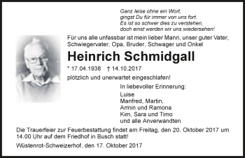 Traueranzeige von Heinrich Schmidgall 