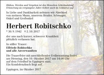 Traueranzeige von Herbert Robitschko 