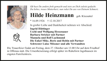 Traueranzeige von Hilde Heinzmann 